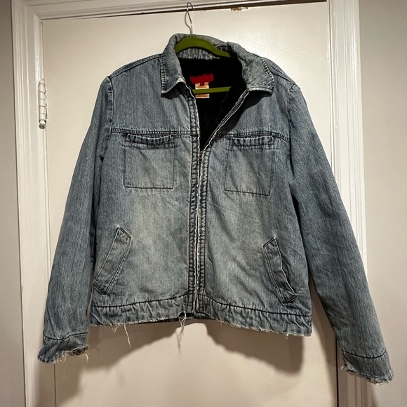VTG 90s Men’s XL FCUK denim Faux Fur Lined Jacket. Light Wash. Distressed.